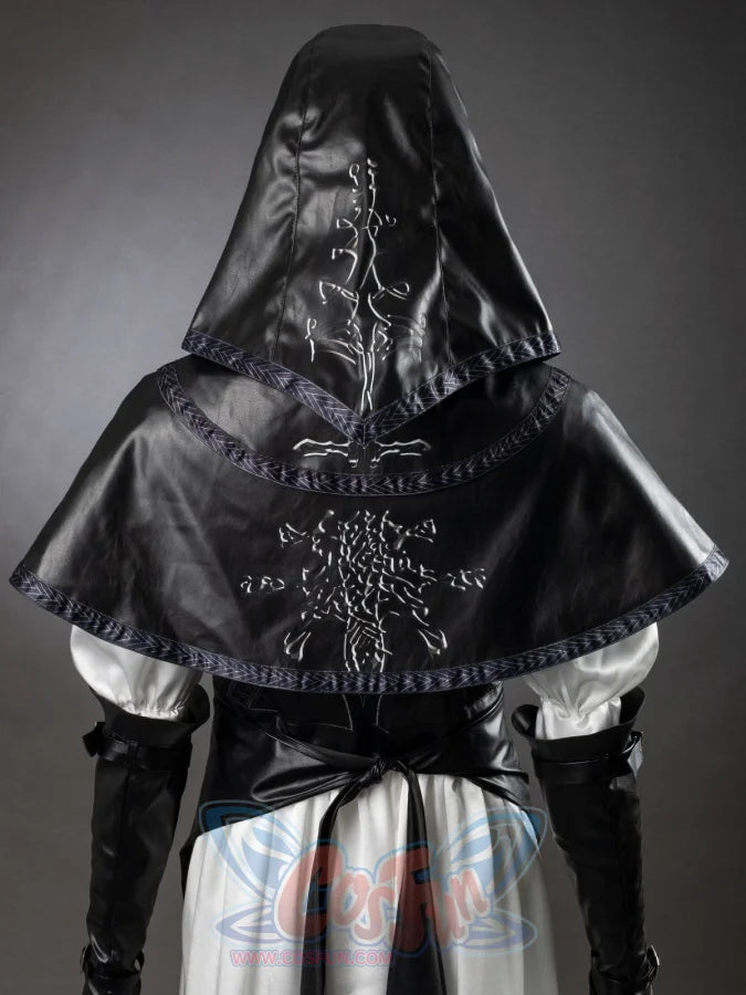 Undertaker cosplay nun costume back view showing capelet hood with embroidered cross design, black gloves, white dress