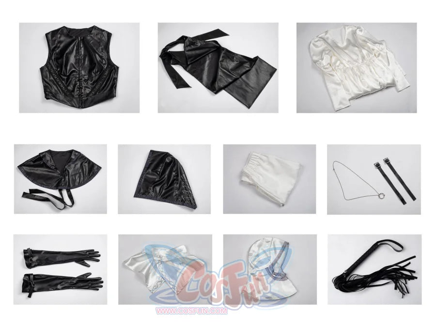 Undertaker cosplay nun costume all components flat lay: black vest, cape, white blouse, gloves, necklace, skirt, flogger
