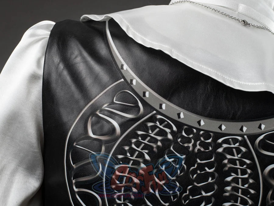 Undertaker cosplay nun costume close-up of corset back with intricate metal spine hardware embossing and studded trim