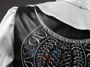 Undertaker cosplay nun costume close-up of corset back with intricate metal spine hardware embossing and studded trim