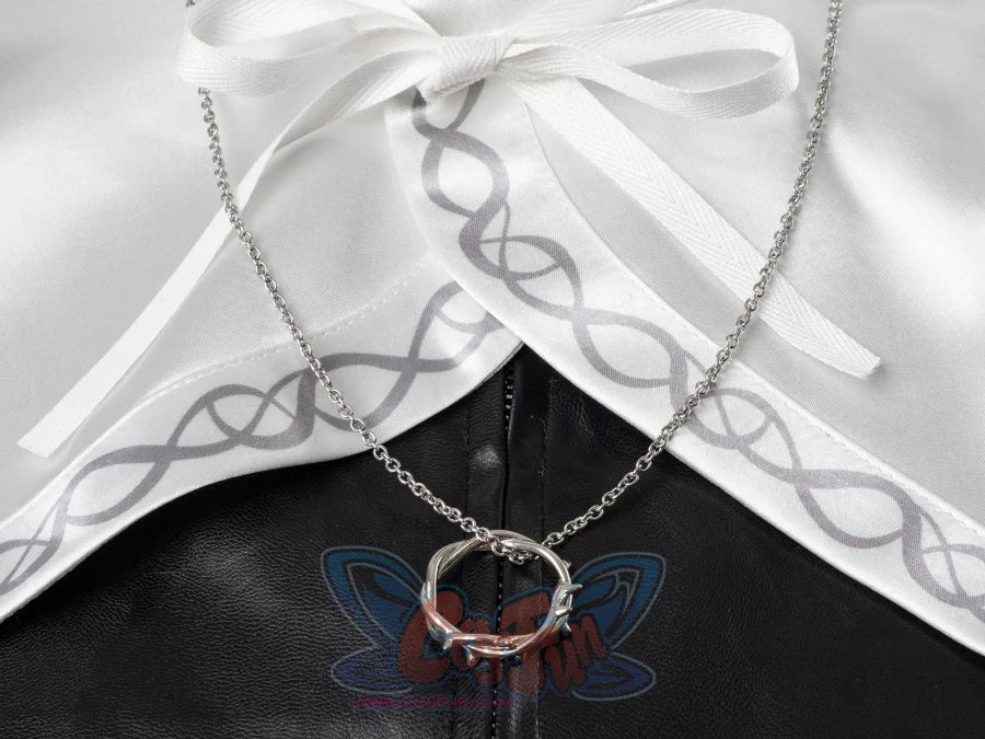 Undertaker cosplay nun costume accessory close-up of silver crown of thorns ring necklace, white embroidered collar