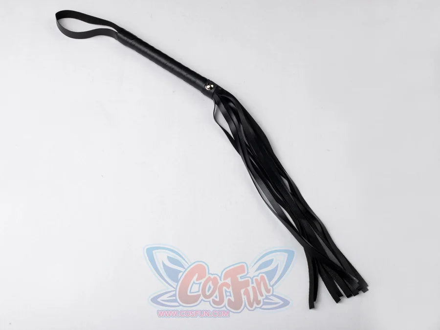 Undertaker cosplay nun costume prop, black leather flogger diagonal angle view showing loop handle and tassel ends
