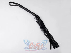 Undertaker cosplay nun costume prop, black leather flogger diagonal angle view showing loop handle and tassel ends