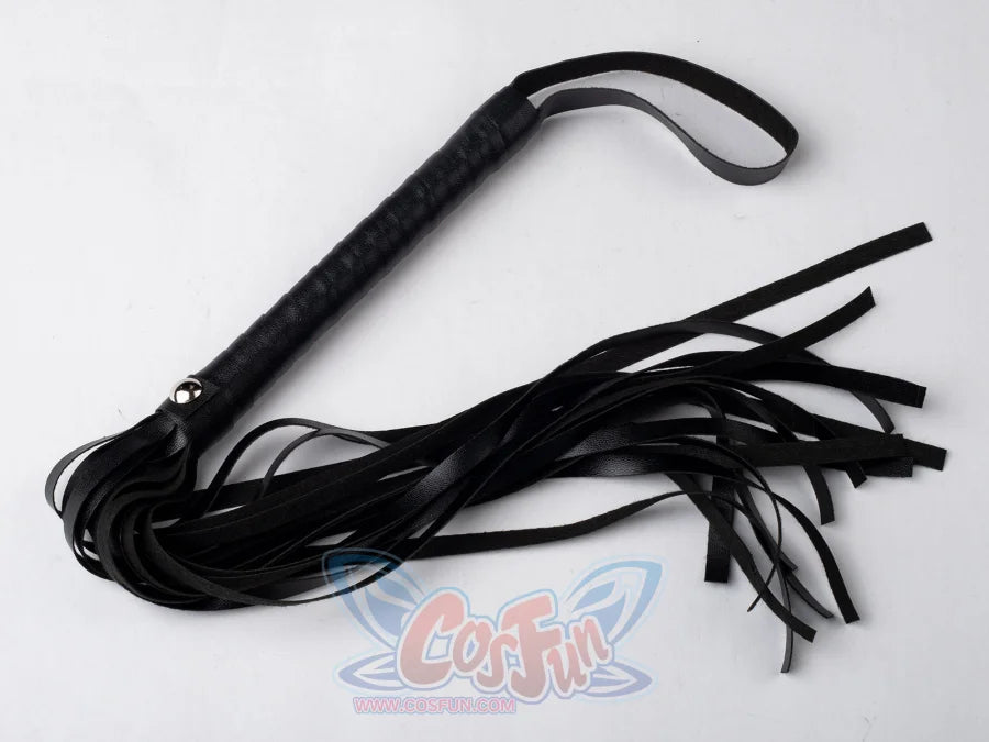 Undertaker cosplay nun costume prop, black flogger wide angle showing full braided handle, metal ring, and spread tassels