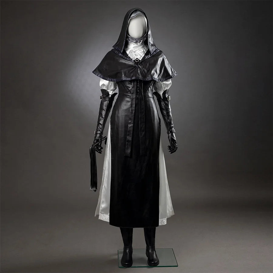 Undertaker cosplay nun costume full set on mannequin, black hooded cloak, long dress, white accents, gloves