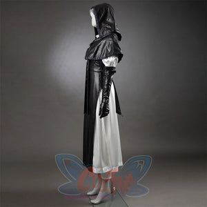 Undertaker cosplay nun costume pure side profile on mannequin, black cape, long black dress, white underdress hem