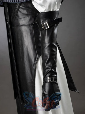 Undertaker cosplay nun costume side view of waist with long black glove, buckle strap detail, black dress and white inner