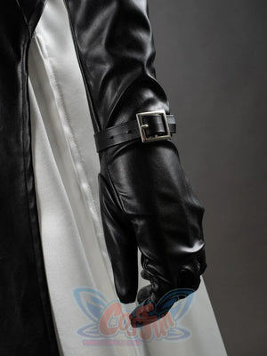 Undertaker cosplay nun costume close-up of black leather glove wrist with metal buckle strap, white dress visible