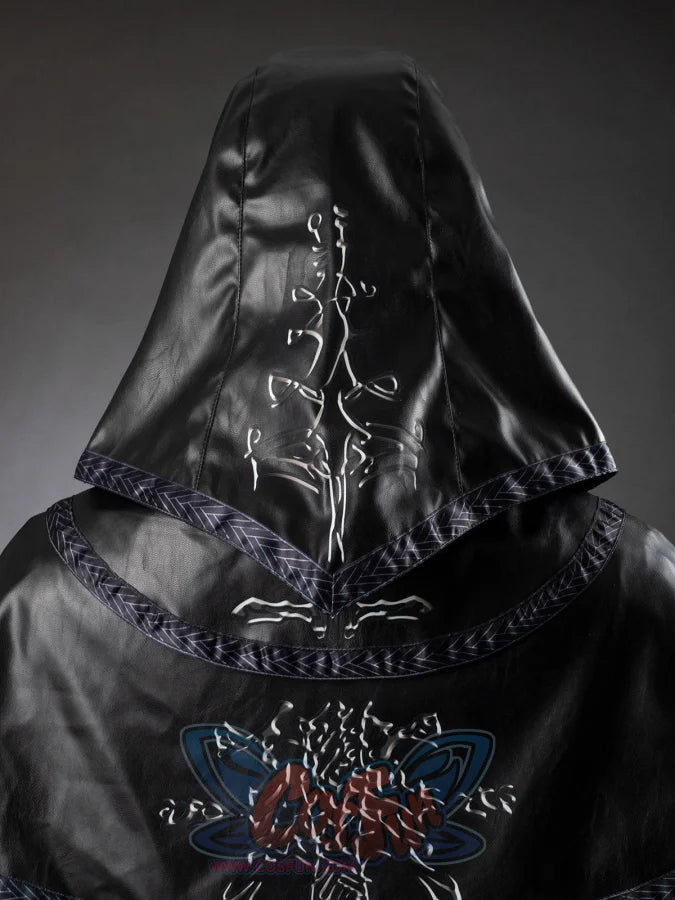 Undertaker cosplay nun costume back hood close-up showing embroidered cross and tree pattern on black leather capelet