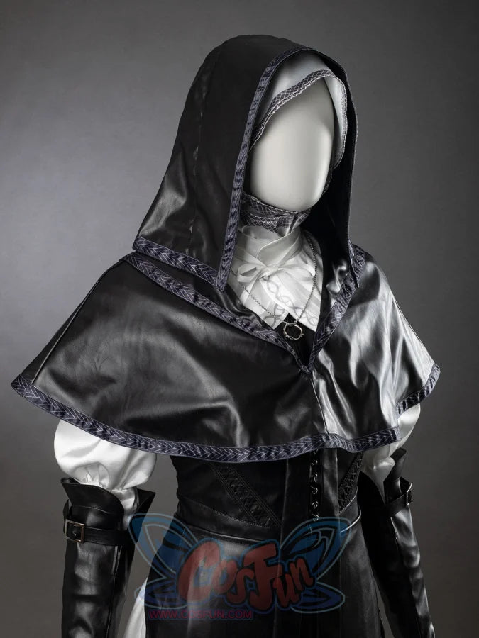 Undertaker cosplay nun costume side angle close-up of black hooded capelet, silver trim, ruffled blouse, gloves