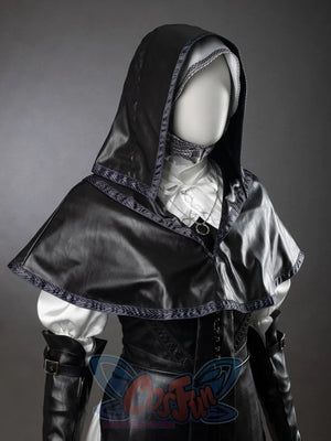 Undertaker cosplay nun costume side angle close-up of black hooded capelet, silver trim, ruffled blouse, gloves
