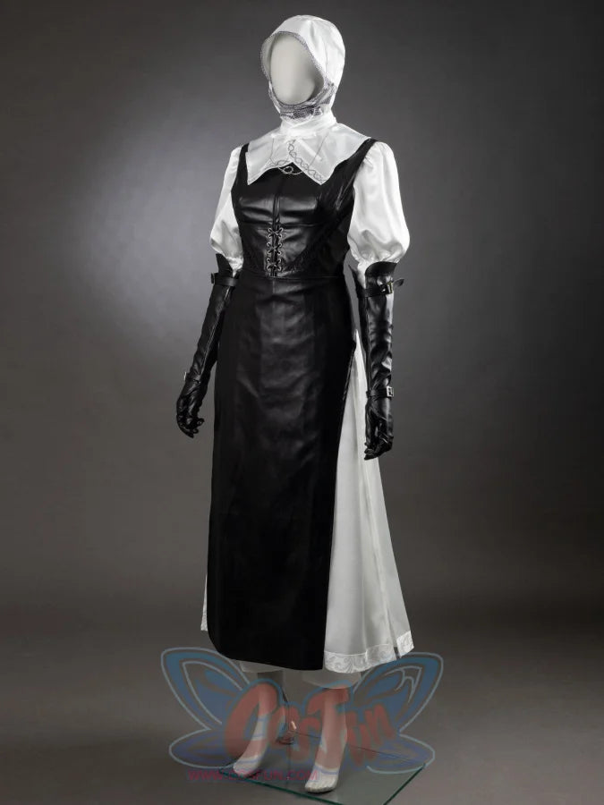 Undertaker cosplay nun costume front view showing white blouse, black corset pinafore dress, white headscarf, gloves