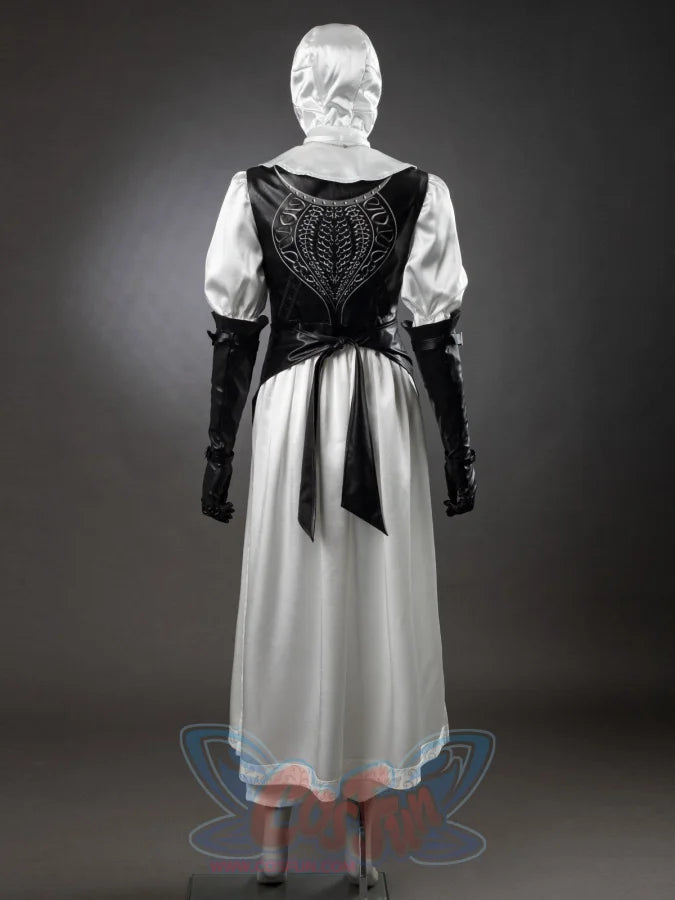 Undertaker cosplay nun costume back view showing embroidered black pinafore, white blouse, black bow sash, headscarf
