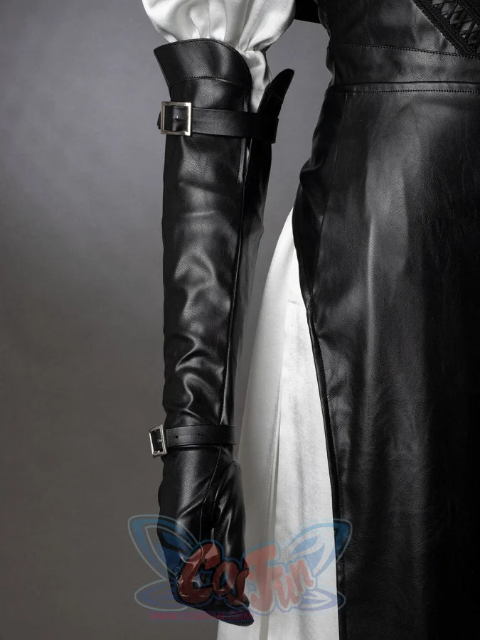 Undertaker cosplay nun costume accessory close-up of long black glove with double buckle straps, next to black dress