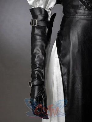 Undertaker cosplay nun costume accessory close-up of long black glove with double buckle straps, next to black dress