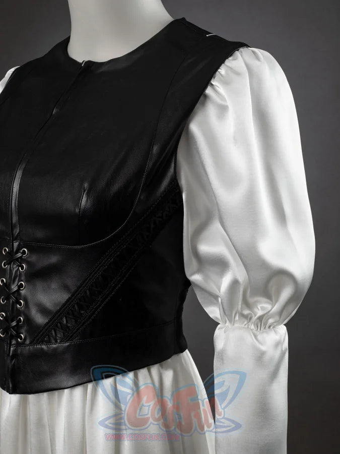 Undertaker cosplay nun costume side view upper body, black leather corset vest over white satin puffed blouse and skirt