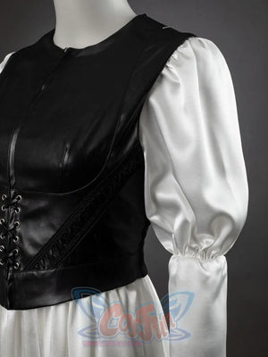 Undertaker cosplay nun costume side view upper body, black leather corset vest over white satin puffed blouse and skirt