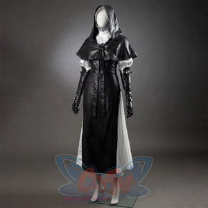 Undertaker cosplay nun costume on mannequin, side view showing white inner lining, black cape, gloves, hooded veil