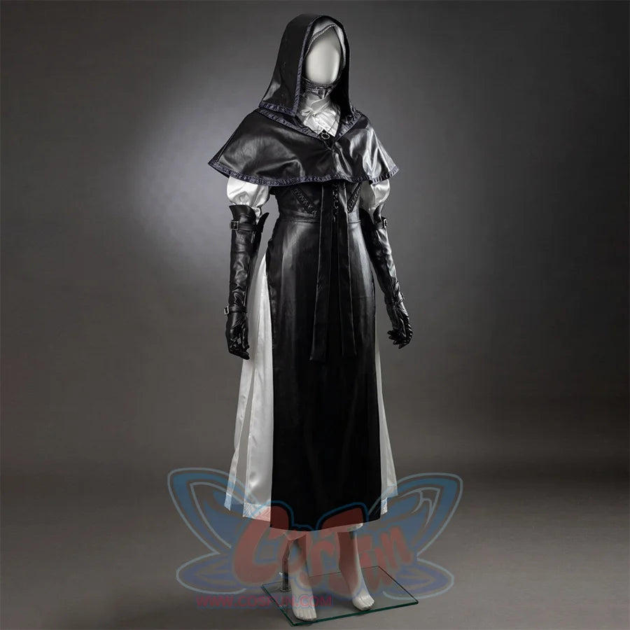 Undertaker cosplay nun costume three-quarter view, black hooded cape, corset dress, white lining, long gloves