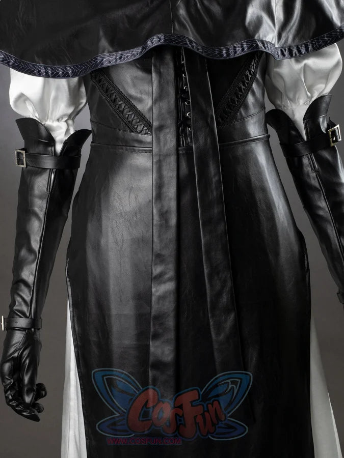 Undertaker cosplay nun costume torso close-up showing black lace-up vest, long black gloves, white inner dress sides