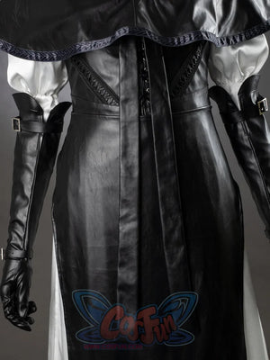 Undertaker cosplay nun costume torso close-up showing black lace-up vest, long black gloves, white inner dress sides