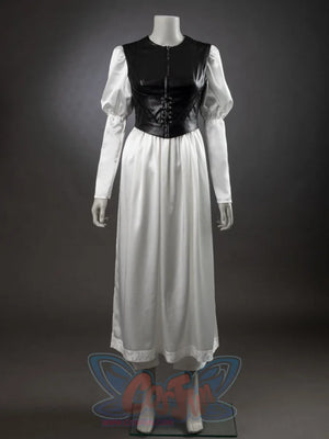 Undertaker cosplay nun costume mannequin showing black corset vest over white long-sleeve blouse, white dress, no cape