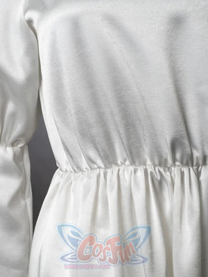 Undertaker cosplay nun costume detail of white satin blouse side, showing gathered elastic waistband and puffed sleeve