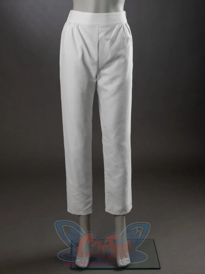 Undertaker cosplay nun costume component, white slim-fit pants on mannequin, elastic waist, front view on gray background