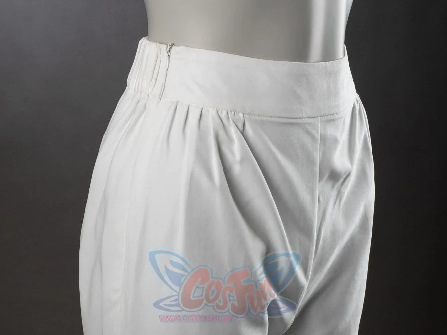 Undertaker cosplay nun costume white pants close-up showing side zipper, gathered wide waistband, and front pleat detail