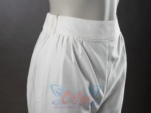 Undertaker cosplay nun costume white pants close-up showing side zipper, gathered wide waistband, and front pleat detail