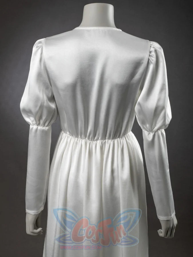 Undertaker cosplay nun costume white satin blouse back view on mannequin, puffed sleeves, gathered waist, long skirt