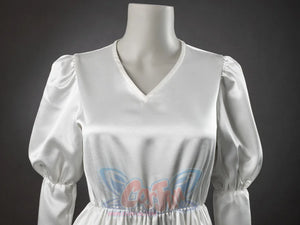 Undertaker cosplay nun costume white satin V-neck blouse with puffed sleeves alone on mannequin, chain necklace visible