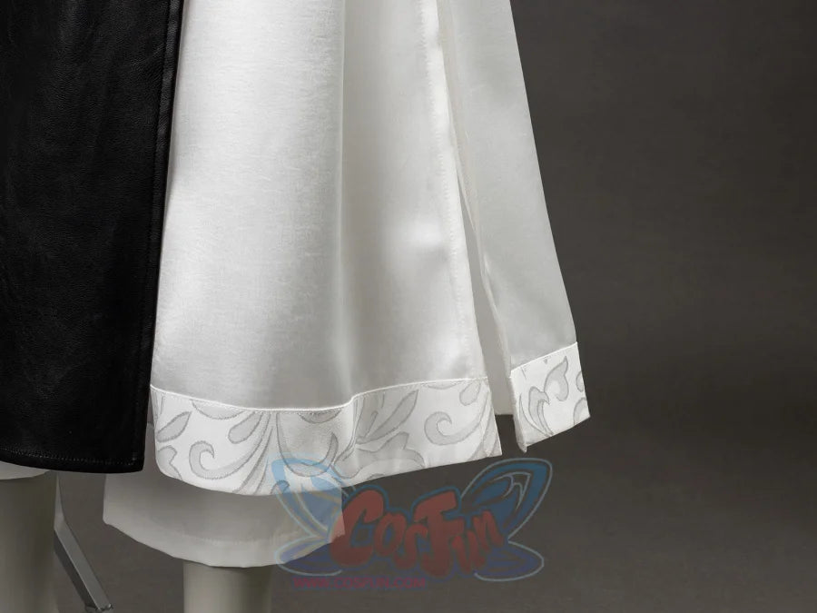 Undertaker cosplay nun costume detail of white satin skirt hem with floral embroidered lace trim at bottom edge