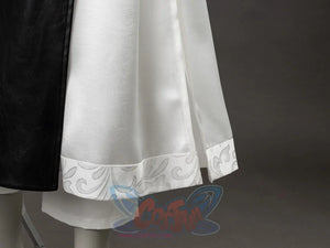 Undertaker cosplay nun costume detail of white satin skirt hem with floral embroidered lace trim at bottom edge
