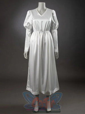 Undertaker cosplay nun costume white satin underdress with puffed sleeves and lace hem trim, worn on mannequin