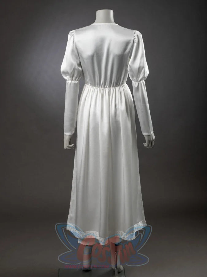 Undertaker cosplay nun costume white satin underdress back view, puffed sleeves, lace hem trim on mannequin