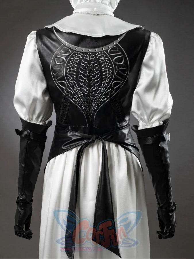 Undertaker cosplay nun costume back view, white satin veil, black corset spine design, black bow sash, white skirt, gloves
