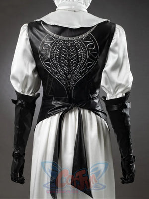Undertaker cosplay nun costume back view, white satin veil, black corset spine design, black bow sash, white skirt, gloves