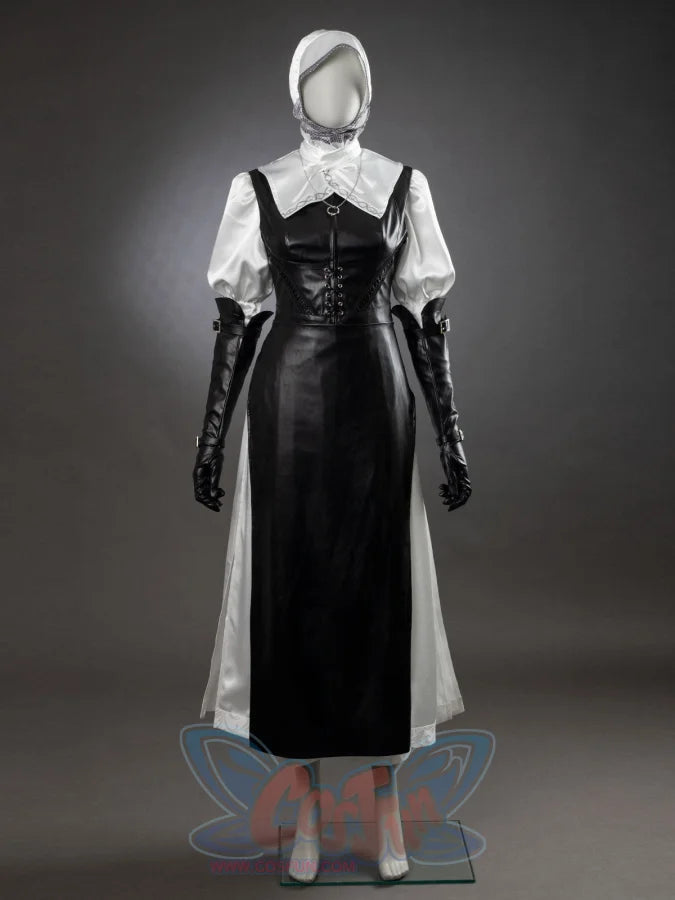 Undertaker cosplay nun costume white puffed blouse, black corset dress, white headscarf and black gloves