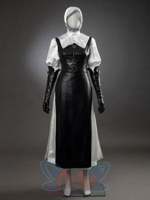 Undertaker cosplay nun costume white puffed blouse, black corset dress, white headscarf and black gloves