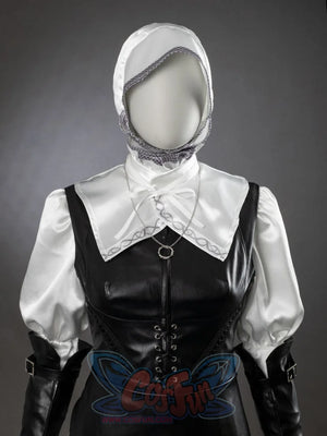 Undertaker cosplay nun white lace veil, wide white collar blouse with ring pendant, black corset vest, gloves detail