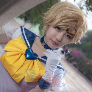 Sailor Uranus Haruka Tenoh cosplay costume top anchors a yellow bow beside a dark blue heart brooch and star choker.