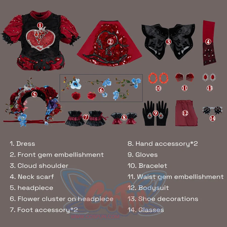 Identity V Little Girl cosplay 14-piece set including dress, headpiece, gloves, glasses, gem embellishments, and accessories