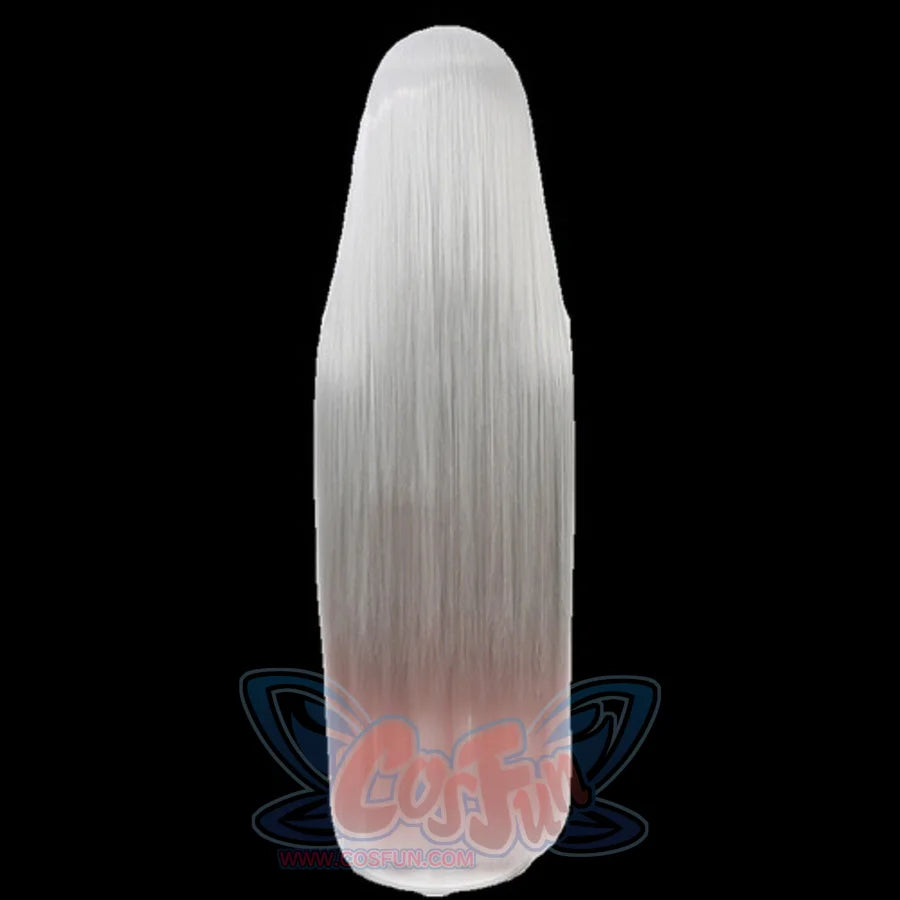 Hazbin Hotel Vaggie cosplay wig, close-up of long straight gray to pink gradient hair texture