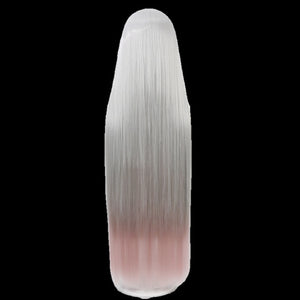 Hazbin Hotel Vaggie cosplay wig, close-up of long straight gray to pink gradient hair texture