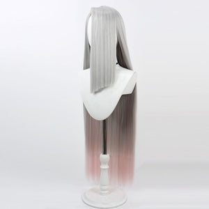 Hazbin Hotel Vaggie cosplay wig back view, long straight gray to pink gradient full length