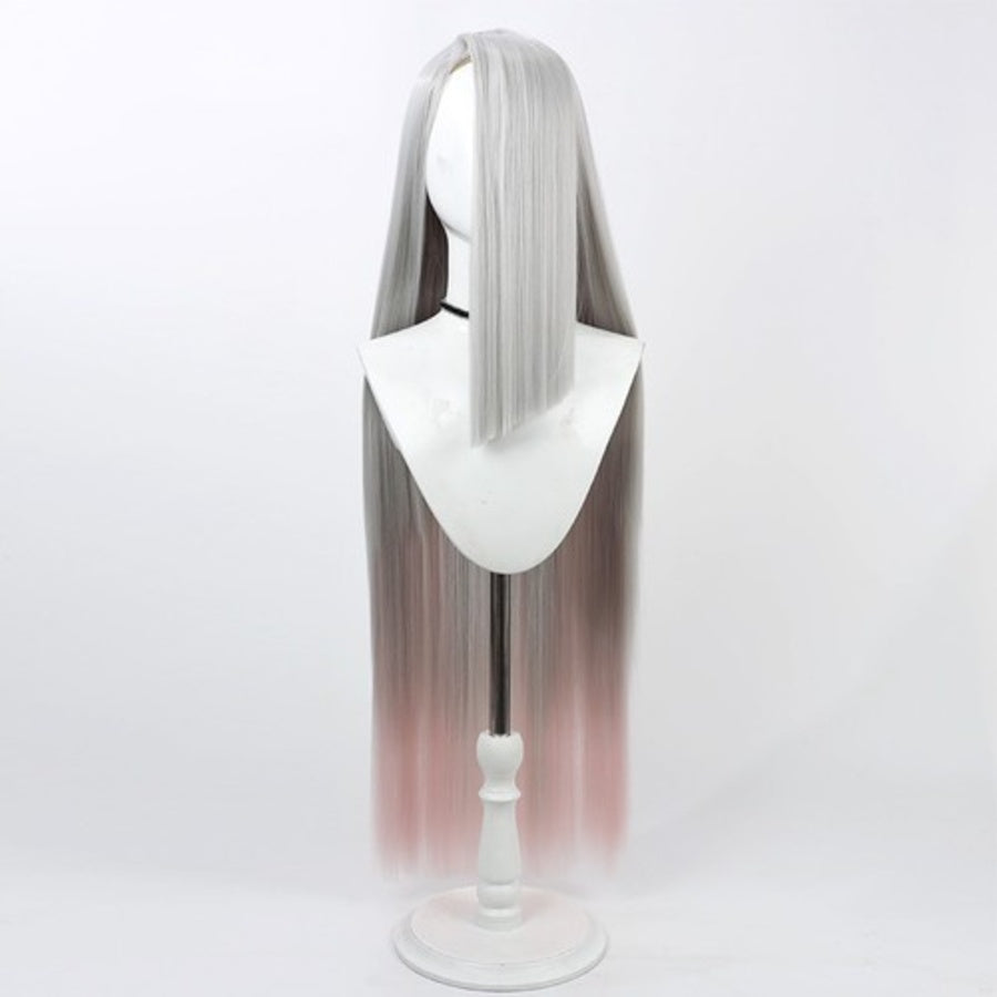 Hazbin Hotel Vaggie cosplay wig, long straight gray to pink gradient hair, front view on mannequin