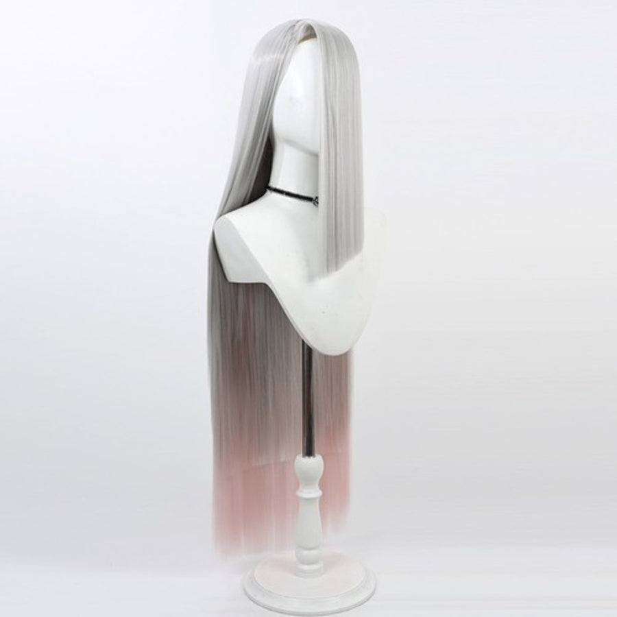 Hazbin Hotel Vaggie cosplay wig, long straight gray to pink gradient hair, side view on mannequin
