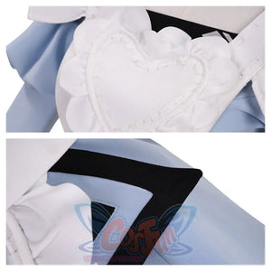 Front views of a white heart - shaped ruffle on the apron and black trim on the light blue dress. These details contribute to the costume's sweet and charming style.