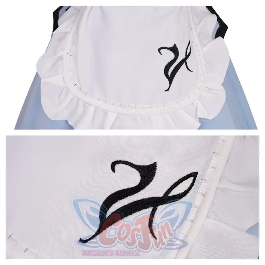 Two views of a white apron with a unique black embroidered design. The embroidery adds a personalized and artistic touch to the cosplay outfit.